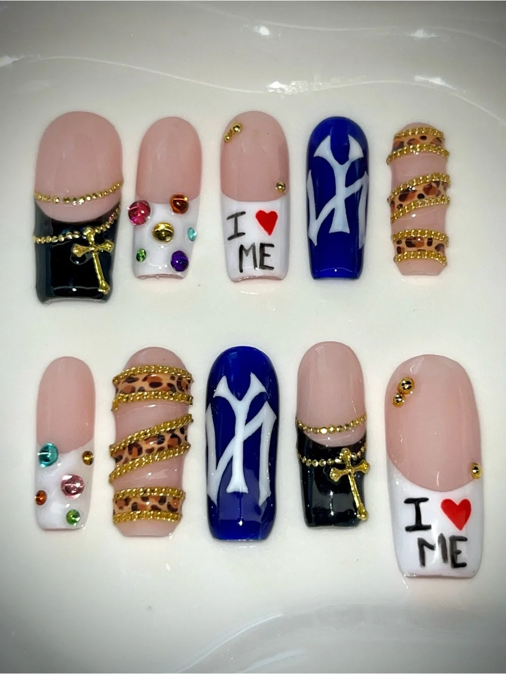 Nude & Blue Rhinestone Press-On Nail Set with Gold Accents